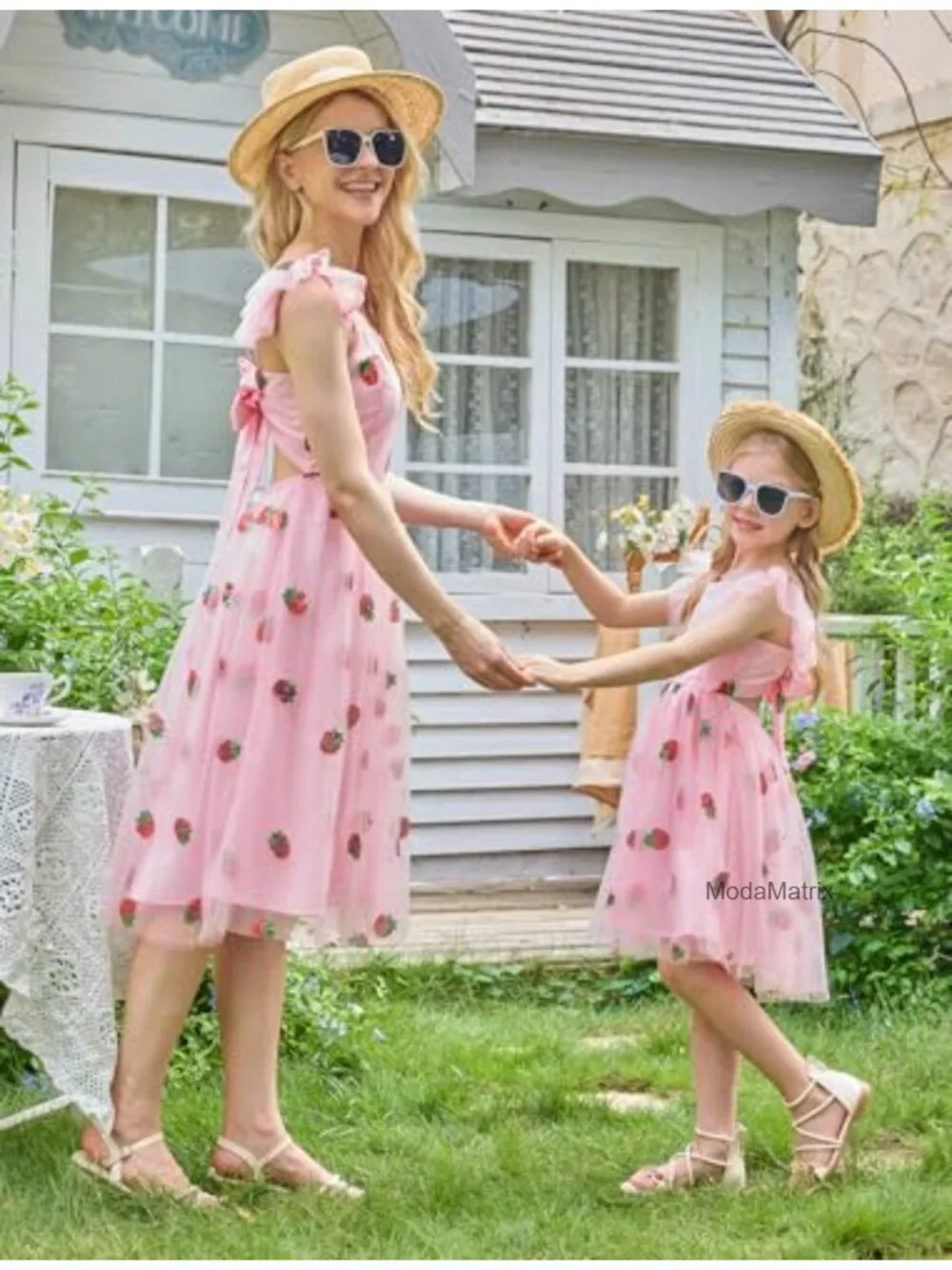 Girls Strawberry Sequined Tulle A-Line Dress Flutter Sleeve Bow Back